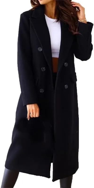 VIVICOLOR Womens Wool Overcoat Elegant Notch Lapel Wool Long Coat Double Breasted Wool Blend Topcoat