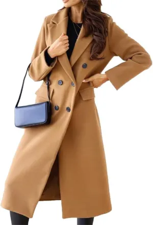 VIVICOLOR Womens Wool Overcoat Elegant Notch Lapel Wool Long Coat Double Breasted Wool Blend Topcoat