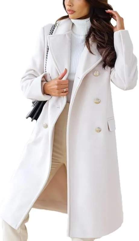 VIVICOLOR Womens Wool Topcoat Notched Double Breasted Wool Overcoat Elegant Lapel Collar Wool Blend Coat