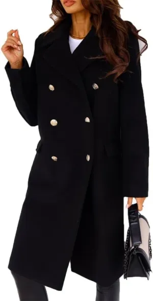 VIVICOLOR Womens Wool Topcoat Notched Double Breasted Wool Overcoat Elegant Lapel Collar Wool Blend Coat
