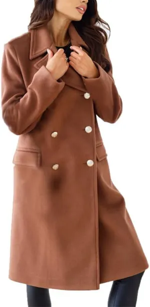 VIVICOLOR Womens Wool Topcoat Notched Double Breasted Wool Overcoat Elegant Lapel Collar Wool Blend Coat