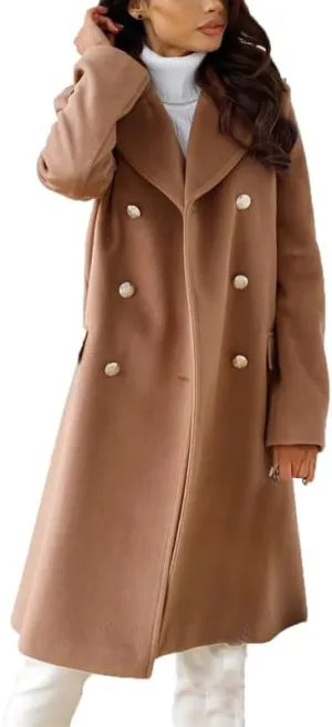 VIVICOLOR Womens Wool Topcoat Notched Double Breasted Wool Overcoat Elegant Lapel Collar Wool Blend Coat