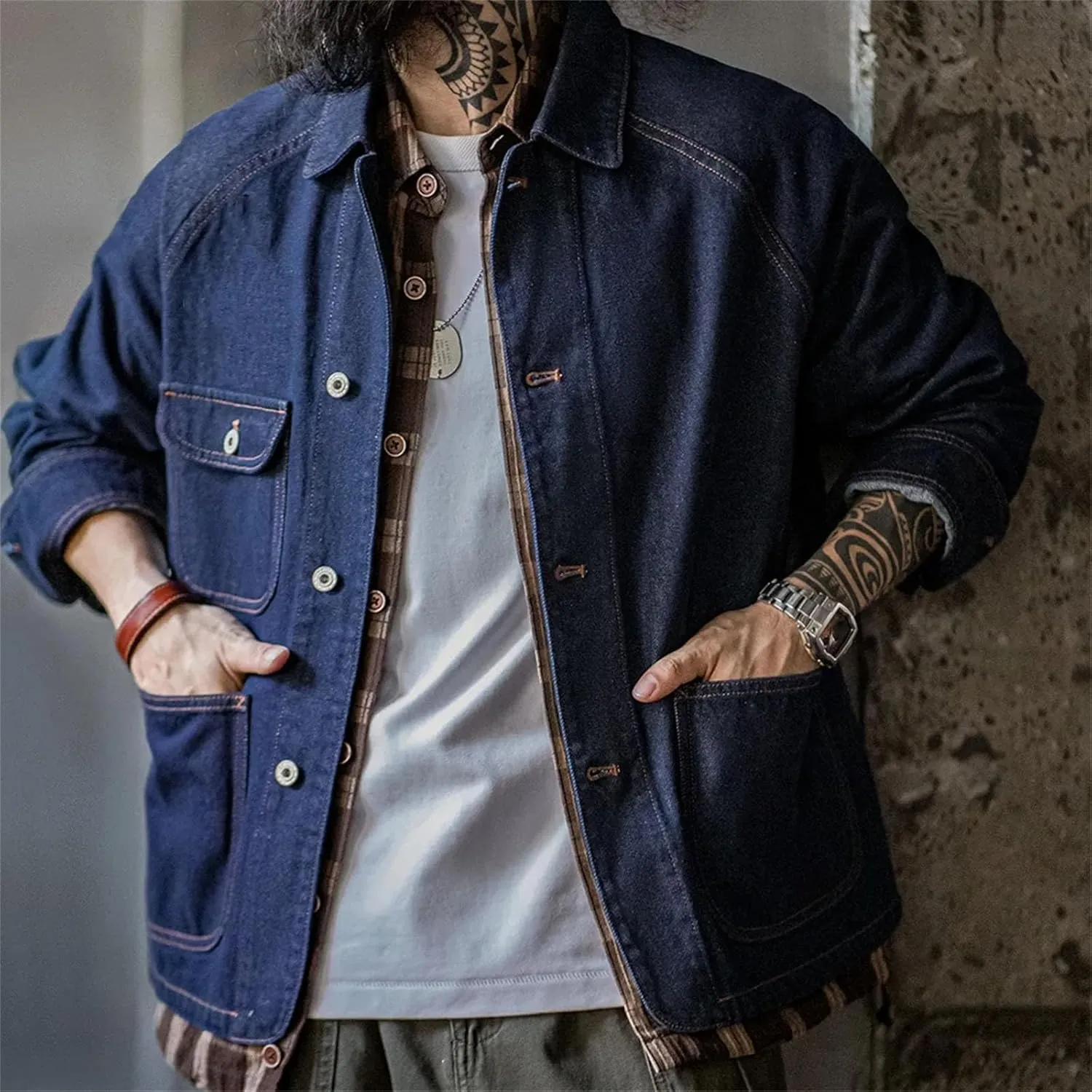 Washed Lapel Casual Outerwear For Men Vintage Embroidered Heavyweight Denim Jacket Spring Fall Work Coat