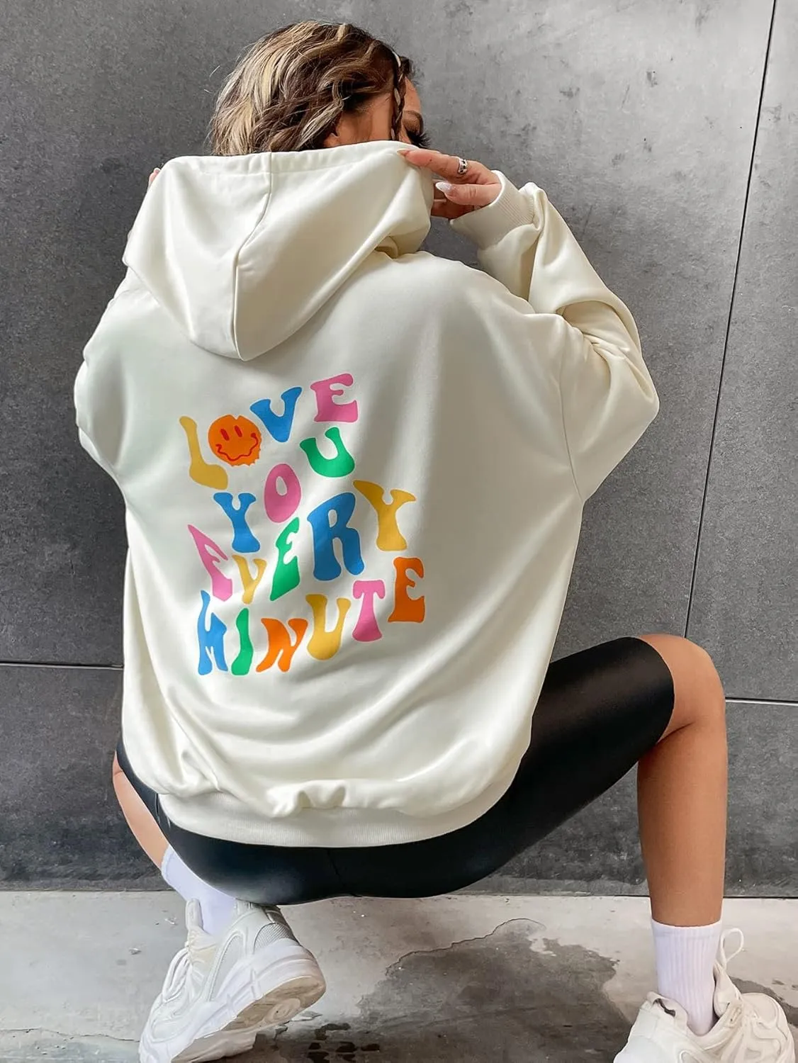 WDIRARA Women's Slogon Graphic Print Drastring Hoodie Sweatshirt Oversized Pullover Tops