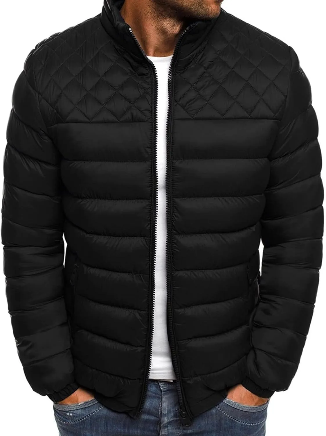 WENKOMG1 Mens Rib Puffer Jacket,Winter Fall Half Diamond Quilted Long Sleeve Lightweight Varsity Coat Casual Outerwear