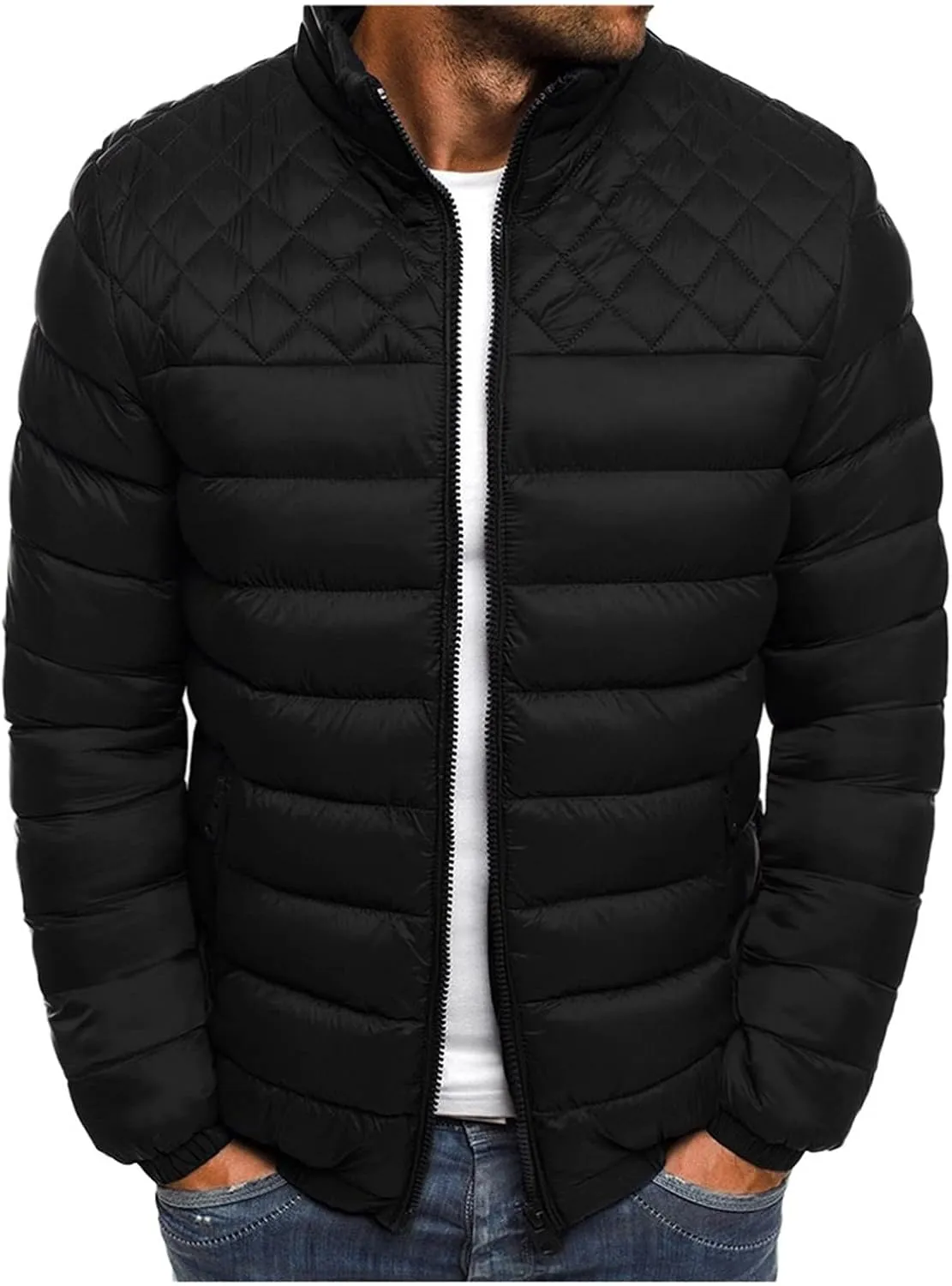 WENKOMG1 Mens Rib Puffer Jacket,Winter Fall Half Diamond Quilted Long Sleeve Lightweight Varsity Coat Casual Outerwear