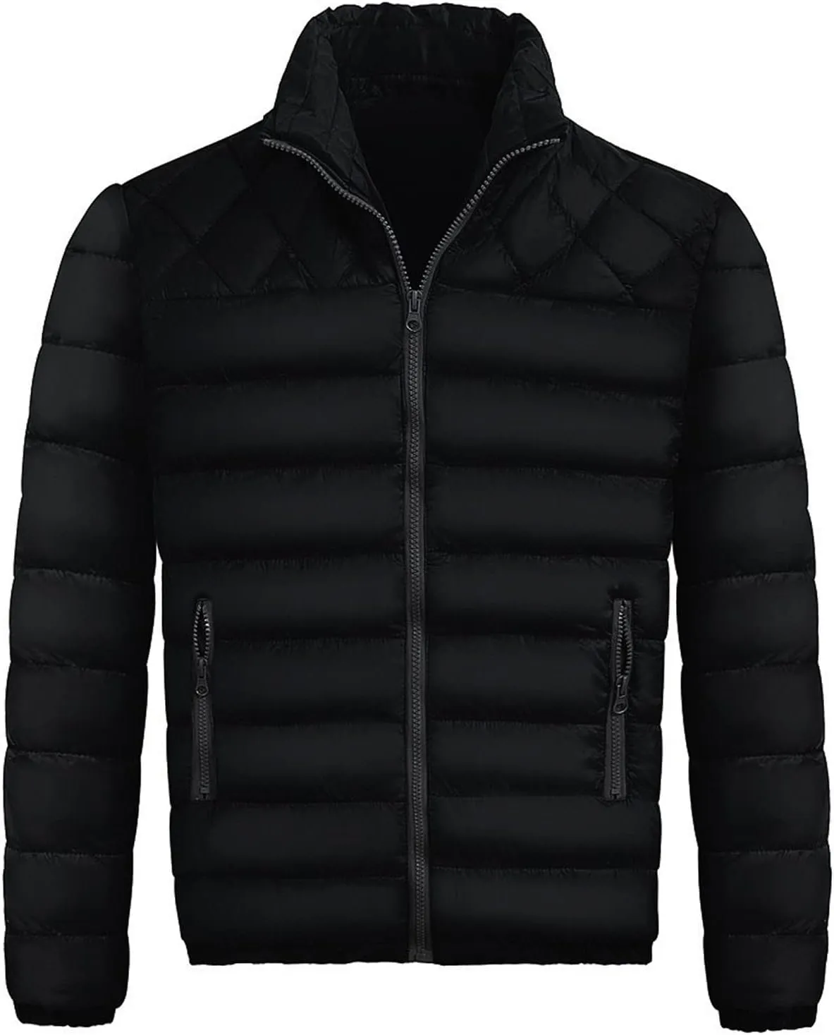 WENKOMG1 Mens Rib Puffer Jacket,Winter Fall Half Diamond Quilted Long Sleeve Lightweight Varsity Coat Casual Outerwear