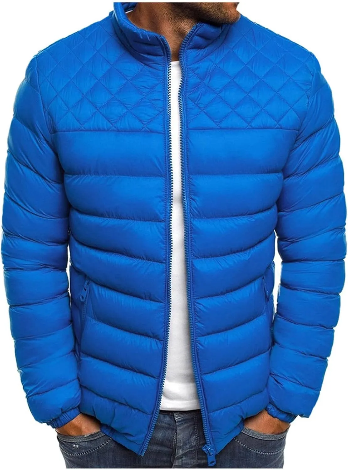 WENKOMG1 Mens Rib Puffer Jacket,Winter Fall Half Diamond Quilted Long Sleeve Lightweight Varsity Coat Casual Outerwear