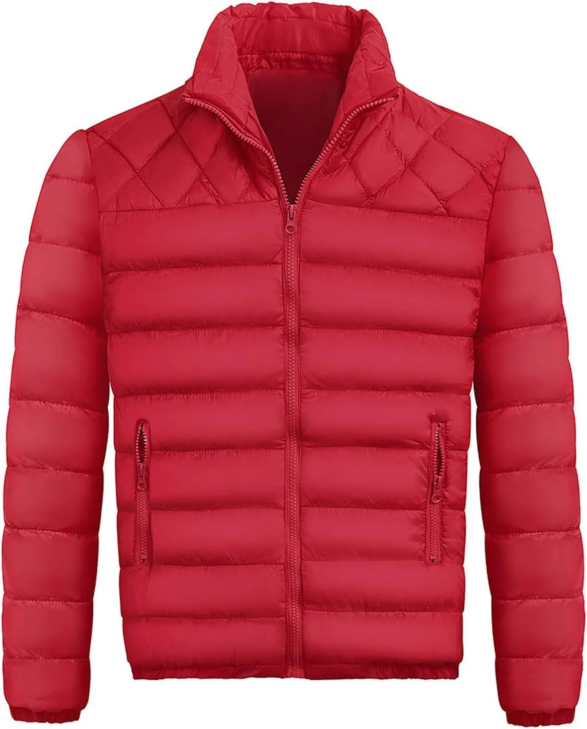 WENKOMG1 Mens Rib Puffer Jacket,Winter Fall Half Diamond Quilted Long Sleeve Lightweight Varsity Coat Casual Outerwear