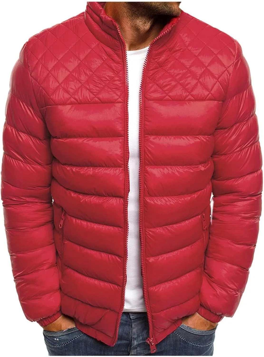 WENKOMG1 Mens Rib Puffer Jacket,Winter Fall Half Diamond Quilted Long Sleeve Lightweight Varsity Coat Casual Outerwear