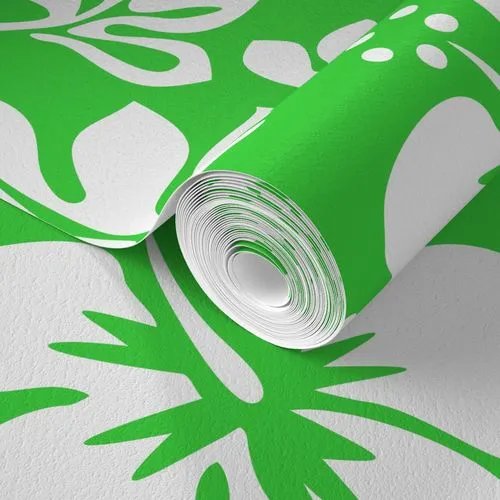 White Hawaiian Hibiscus Flowers on Lime Green Wallpaper