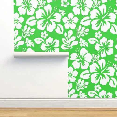 White Hawaiian Hibiscus Flowers on Lime Green Wallpaper