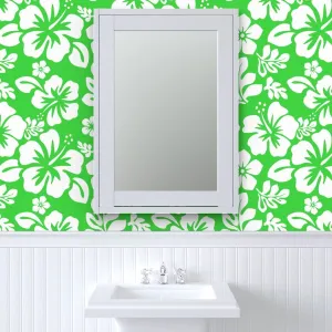 White Hawaiian Hibiscus Flowers on Lime Green Wallpaper