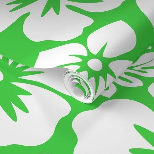 White Hawaiian Hibiscus Flowers on Lime Green Wallpaper