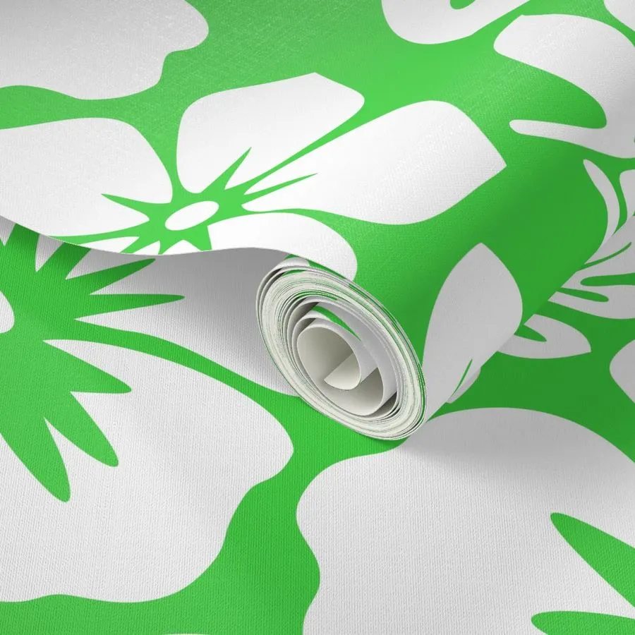 White Hawaiian Hibiscus Flowers on Lime Green Wallpaper