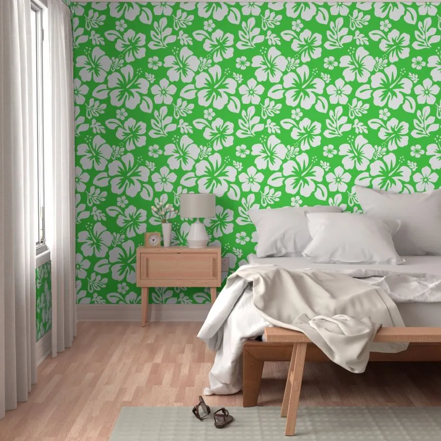 White Hawaiian Hibiscus Flowers on Lime Green Wallpaper