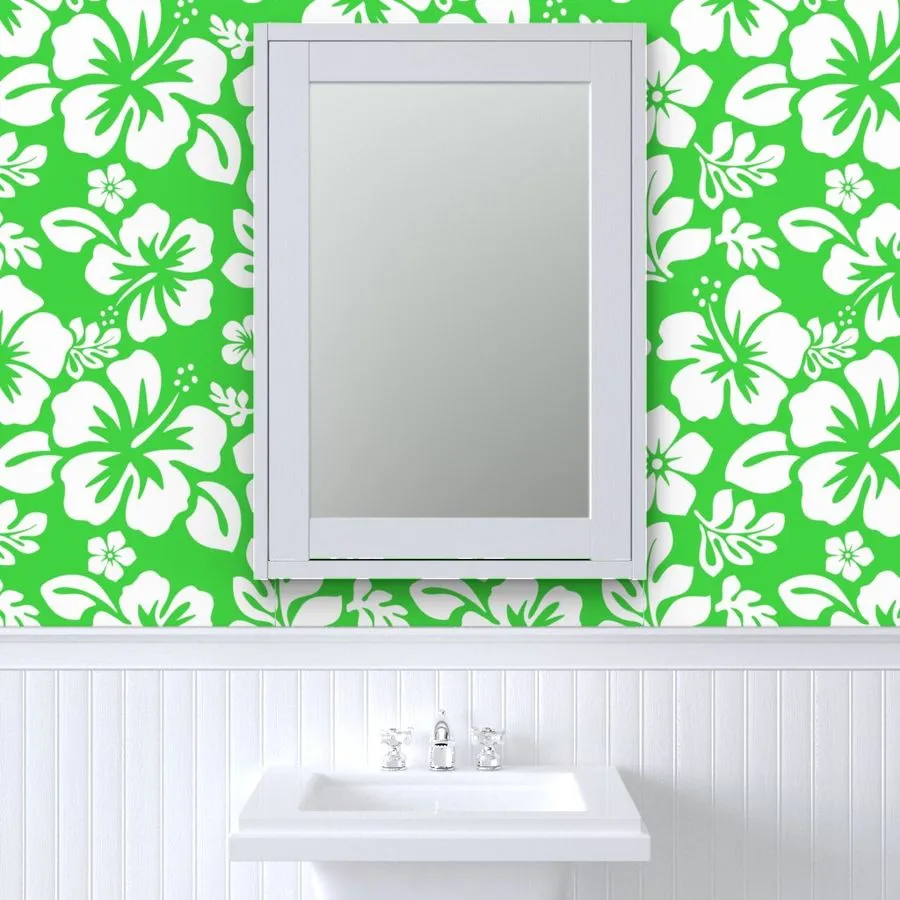 White Hawaiian Hibiscus Flowers on Lime Green Wallpaper