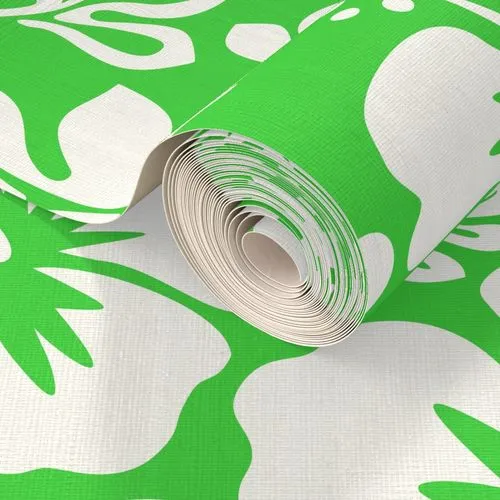 White Hawaiian Hibiscus Flowers on Lime Green Wallpaper