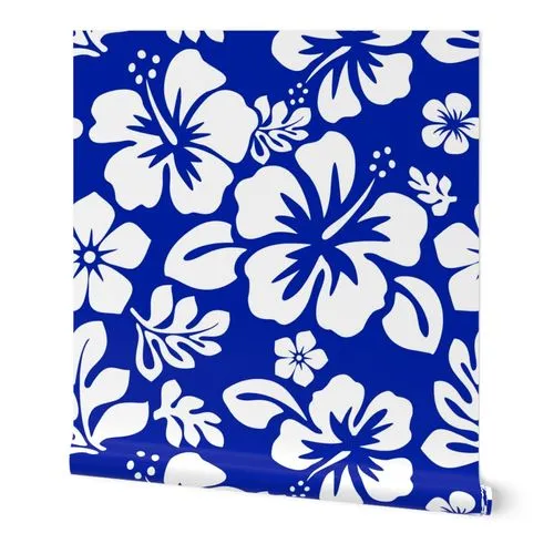 White Hawaiian Hibiscus Flowers on Royal Blue Wallpaper
