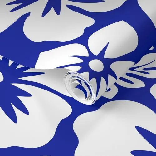 White Hawaiian Hibiscus Flowers on Royal Blue Wallpaper