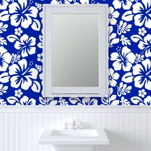 White Hawaiian Hibiscus Flowers on Royal Blue Wallpaper