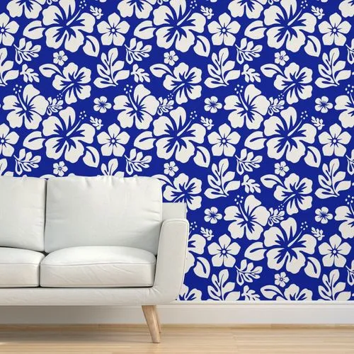 White Hawaiian Hibiscus Flowers on Royal Blue Wallpaper