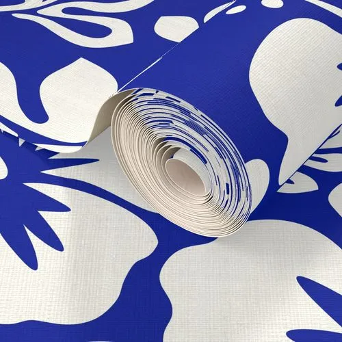 White Hawaiian Hibiscus Flowers on Royal Blue Wallpaper