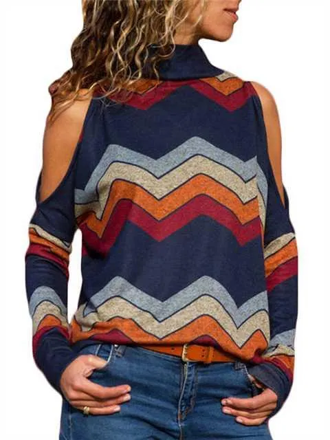 Wholesale Cold Shoulder Stripe Long Sleeve T-Shirts