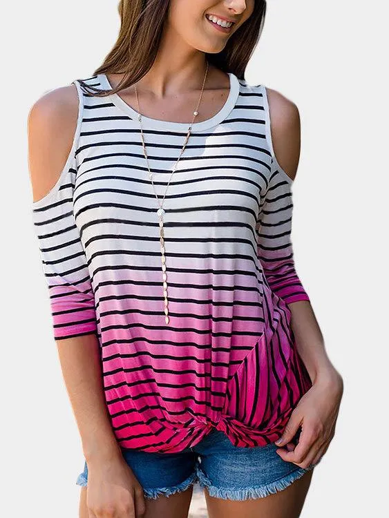 Wholesale Rose Round Neck Cold Shoulder 3/4 Sleeve Length Stripe T-Shirts