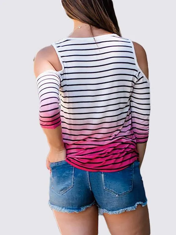 Wholesale Rose Round Neck Cold Shoulder 3/4 Sleeve Length Stripe T-Shirts