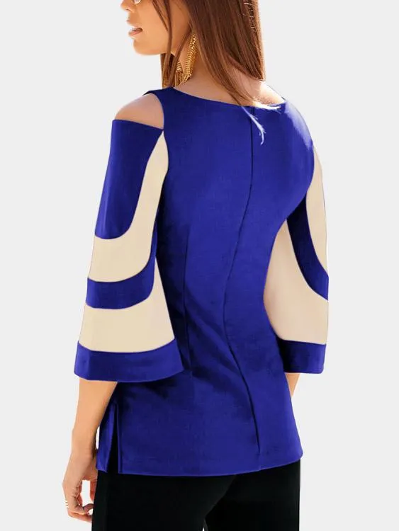 Wholesale Round Neck Cold Shoulder Stripe 3/4 Length Sleeve T-Shirts