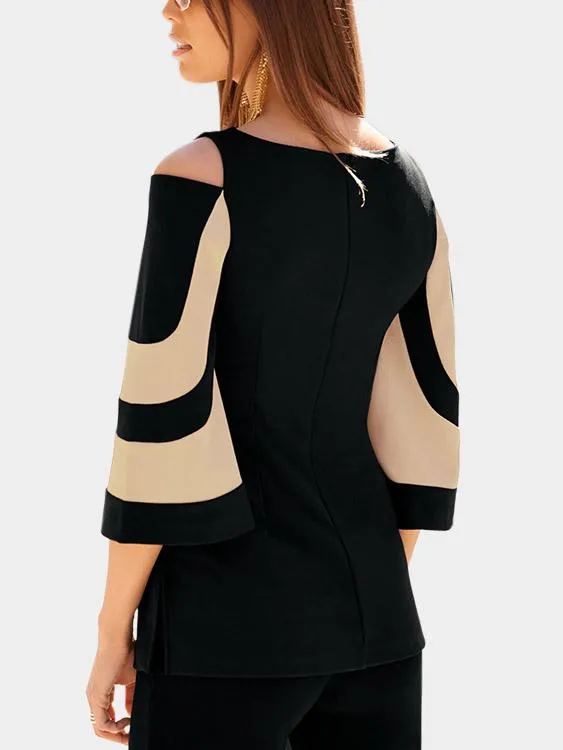 Wholesale Round Neck Cold Shoulder Stripe 3/4 Length Sleeve T-Shirts