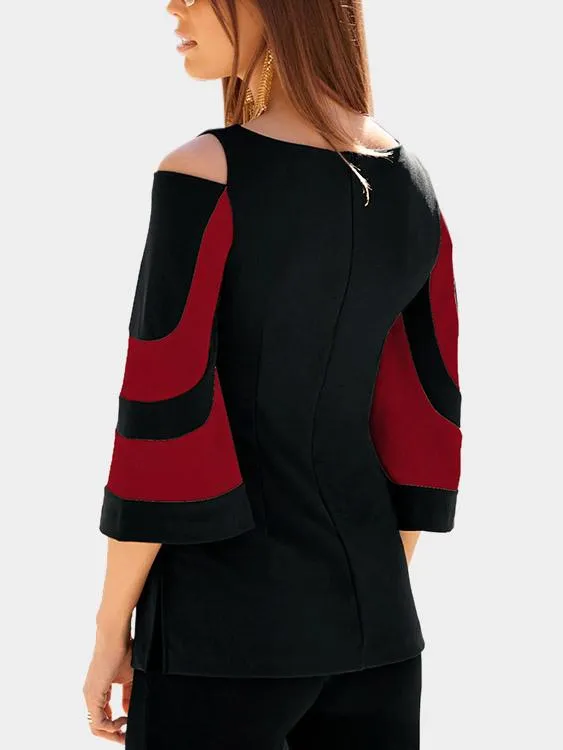 Wholesale Round Neck Cold Shoulder Stripe 3/4 Length Sleeve T-Shirts