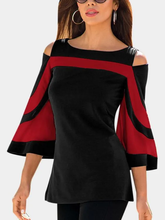 Wholesale Round Neck Cold Shoulder Stripe 3/4 Length Sleeve T-Shirts