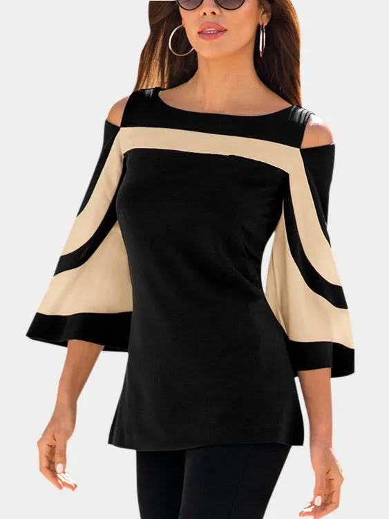 Wholesale Round Neck Cold Shoulder Stripe 3/4 Length Sleeve T-Shirts