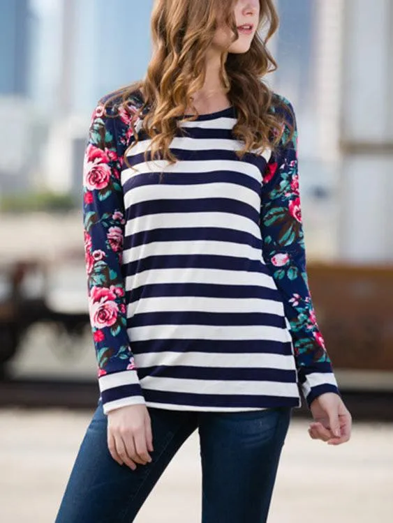 Wholesale Round Neck Stripe Floral Print Long Sleeve T-Shirts