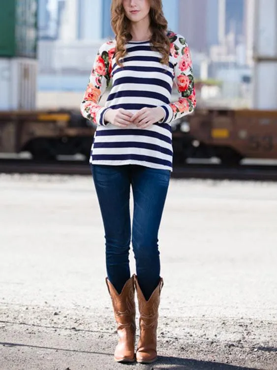 Wholesale Round Neck Stripe Floral Print Long Sleeve T-Shirts