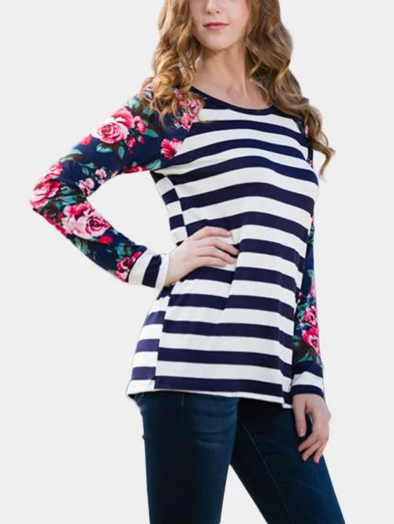 Wholesale Round Neck Stripe Floral Print Long Sleeve T-Shirts