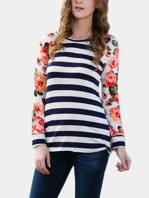 Wholesale Round Neck Stripe Floral Print Long Sleeve T-Shirts