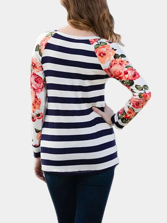 Wholesale Round Neck Stripe Floral Print Long Sleeve T-Shirts