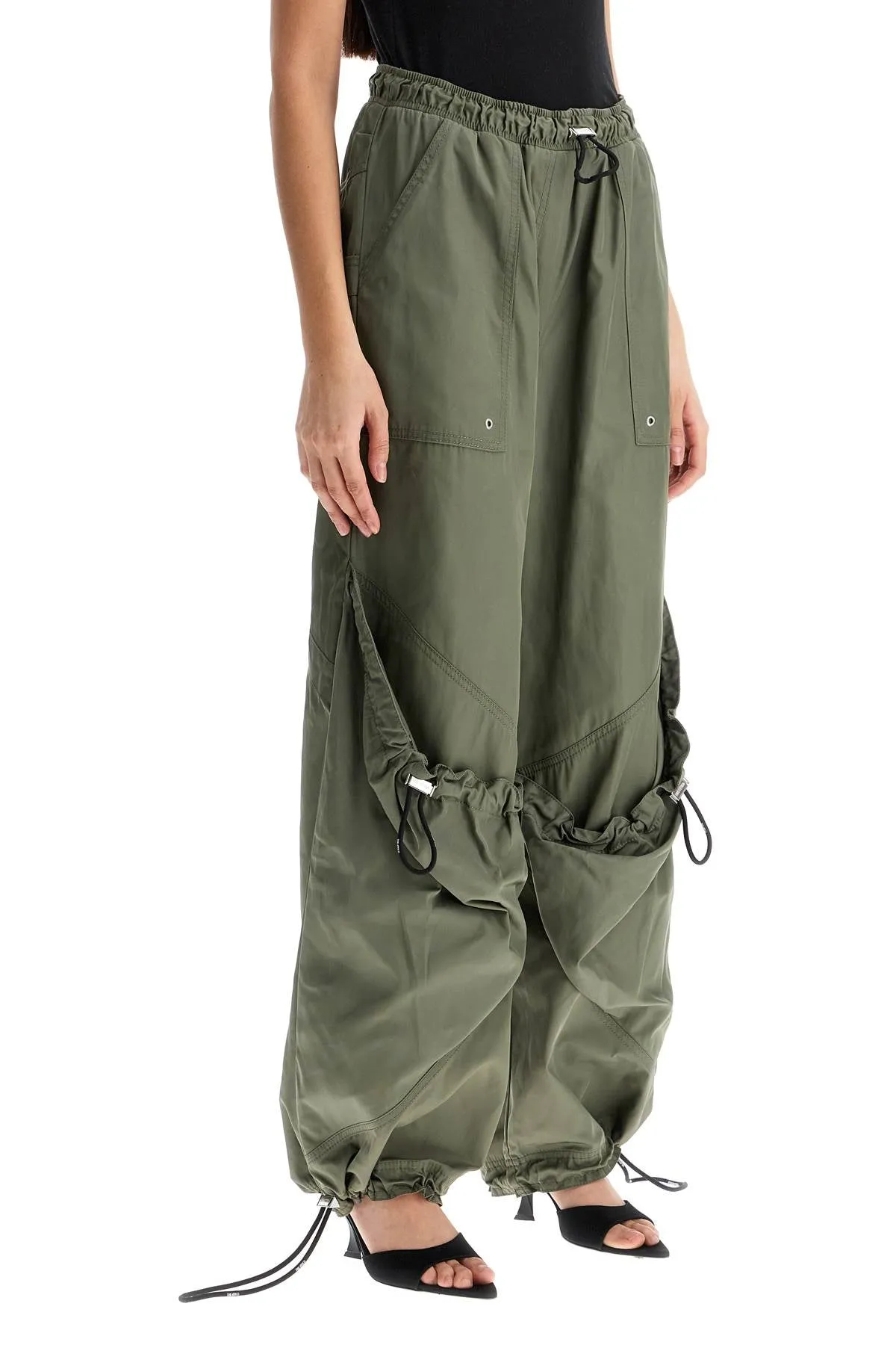 wide leg high-waisted pants with adjustable elastic in military green 250WCP00255PLL001AA MILITARY GREEN