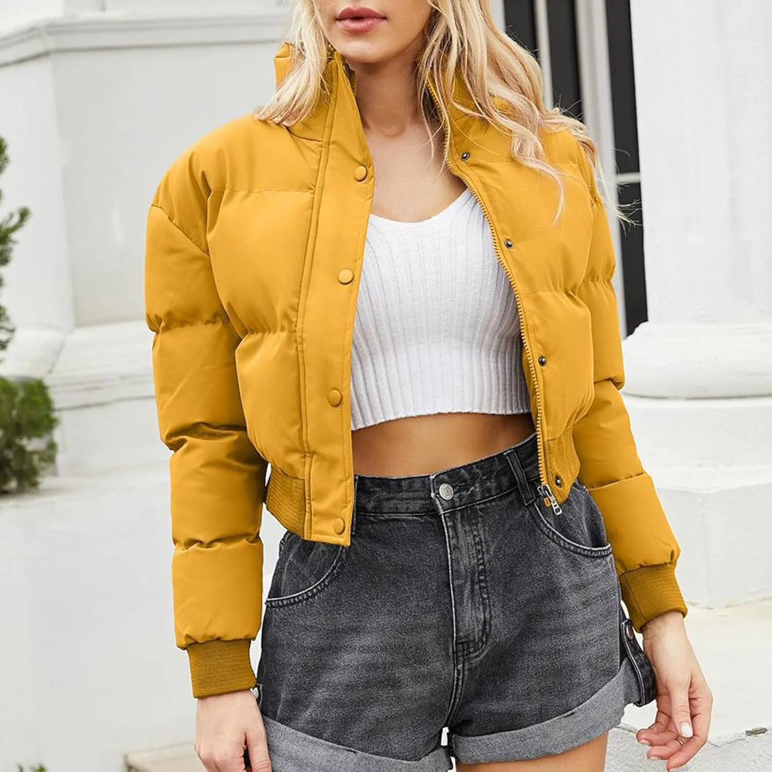 Winter Coat Women, Puffer Down Short Jacket Warm Full Zip Up Outerwear Casual Long Sleeve Overcoats with Pocket