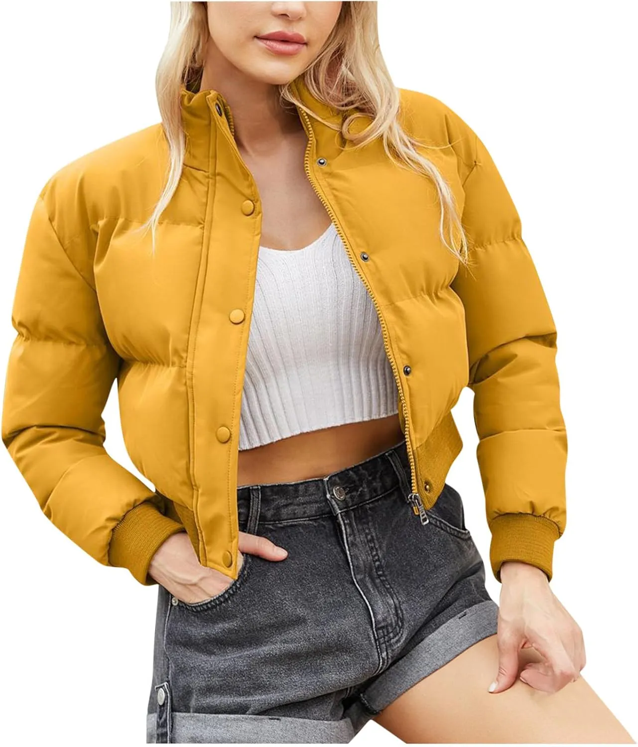 Winter Coat Women, Puffer Down Short Jacket Warm Full Zip Up Outerwear Casual Long Sleeve Overcoats with Pocket