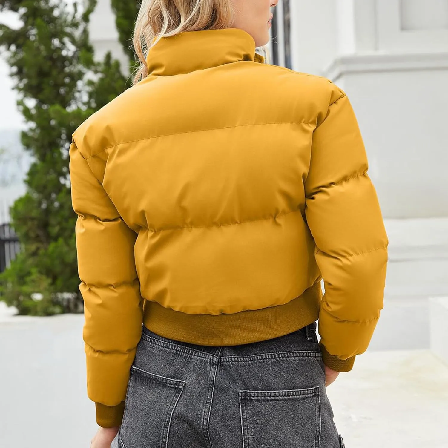 Winter Coat Women, Puffer Down Short Jacket Warm Full Zip Up Outerwear Casual Long Sleeve Overcoats with Pocket