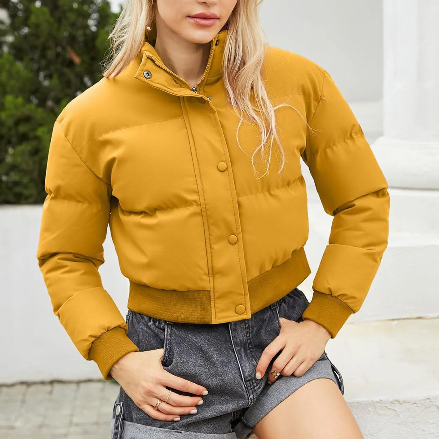 Winter Coat Women, Puffer Down Short Jacket Warm Full Zip Up Outerwear Casual Long Sleeve Overcoats with Pocket