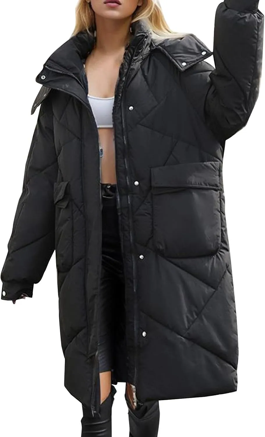 Winter Coats For Women Fashion Zip Up Puffer Jackets Oversized Long Sleeve Packable Down Parka With Pocket