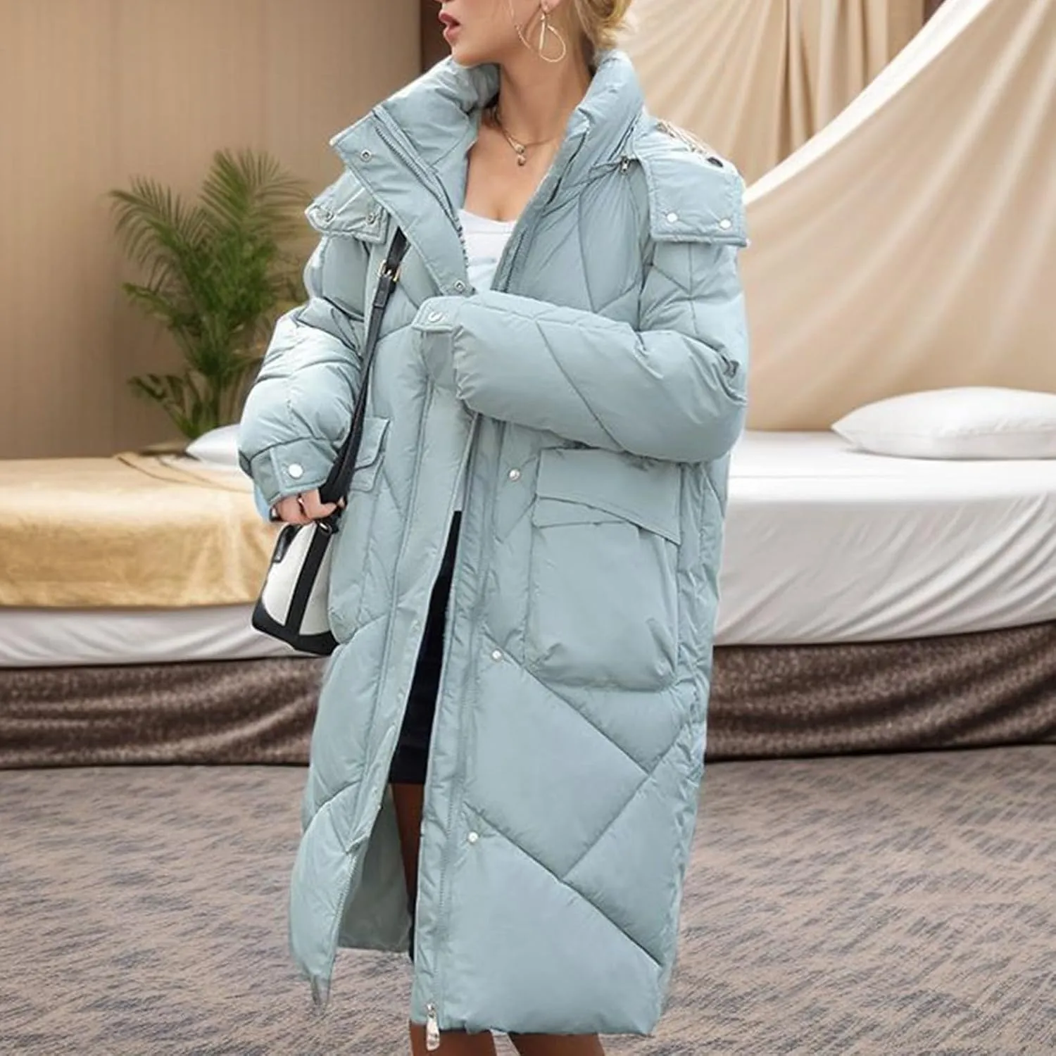 Winter Coats For Women Fashion Zip Up Puffer Jackets Oversized Long Sleeve Packable Down Parka With Pocket