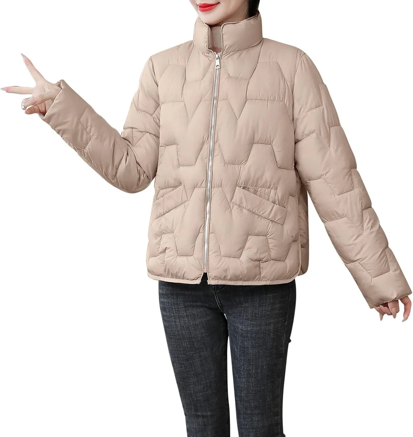 Winter Coats For Women Quilted Zip Up Puffer Jacket Plus Size Long Sleeve Packable Down Outwear With Pocket