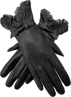 Winter Fashion Gloves for Women Genuine Sheepskin Leather Warm Cashmere Lining Lace Bow Design Touchscreen Windproof Driving Gloves