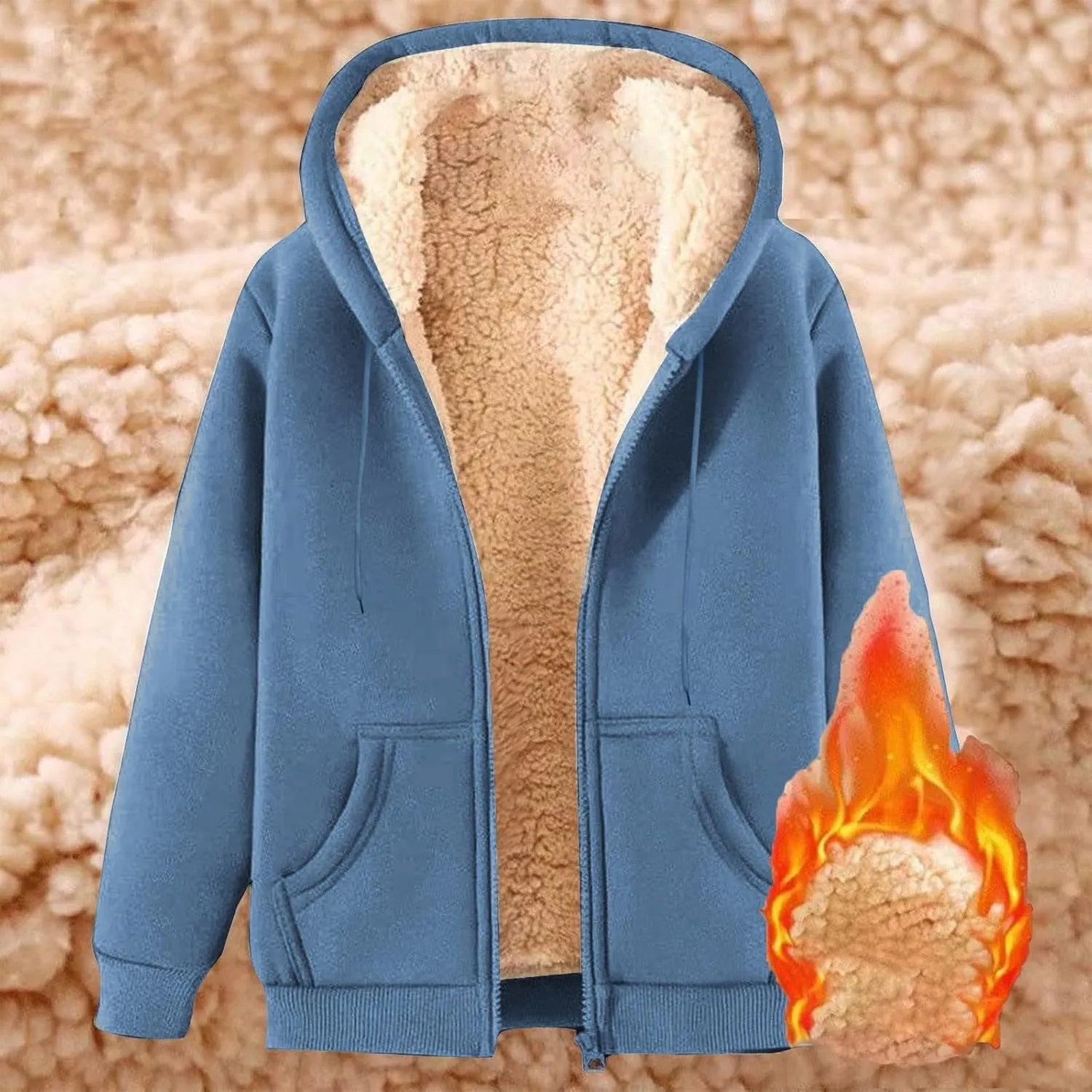 Winter Hooded Coats for Men Fleece Lined Jackets Zip Up Hoodie Sweatshirts Warm Sherpa Jacket Casual Outerwear
